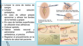 ➢ Limpiar la zona de restos de
sangre.
➢ Limpiar con solución
antiséptica.
➢ En caso de utilizar grapas
aproximar y alinear los bordes
de la heridas y grapar.
➢ En caso de heridas superficiales
se utilizarán tiras adhesivas
➢ Colocar apósito.
➢ Valorar estado vacunal y
administrar profilaxis
antitetánica, si precisa.
➢ Registrar el procedimiento en la
historia de salud del paciente.
 