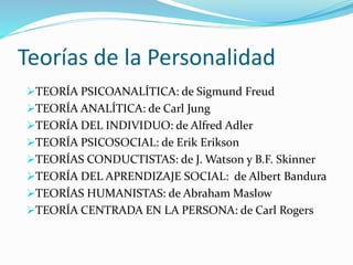 Teorías de la Personalidad
TEORÍA PSICOANALÍTICA: de Sigmund Freud
TEORÍA ANALÍTICA: de Carl Jung
TEORÍA DEL INDIVIDUO: de Alfred Adler
TEORÍA PSICOSOCIAL: de Erik Erikson
TEORÍAS CONDUCTISTAS: de J. Watson y B.F. Skinner
TEORÍA DEL APRENDIZAJE SOCIAL: de Albert Bandura
TEORÍAS HUMANISTAS: de Abraham Maslow
TEORÍA CENTRADA EN LA PERSONA: de Carl Rogers
 