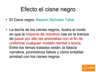 Efecto el cisne negro El Cisne negro:  Nassim   Nicholas   Taleb La teoría de los cisnes negros, ilustra el modo en que la  mayoría de nosotros  cae en la trampa de  pasar por alto las anomalías con el fin de uniformar cualquier modelo mental o teoría . Entre los temas tratados están: la falacia narrativa, pronósticos falsos y cómo entablar amistad con los cisnes negros.  