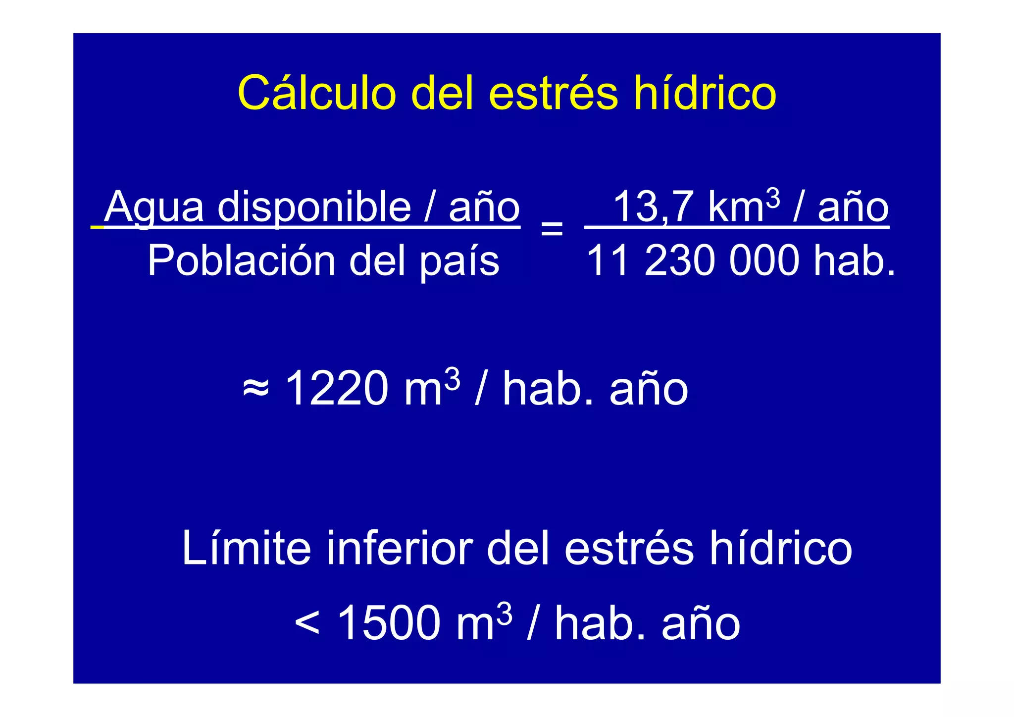 Cálculo del estrés hídrico

Agua disponible / año    13,7 km3 / año
                      =
  Población del país    11 230 000 hab.

      ≈ 1220 m3 / hab. año


   Límite inferior del estrés hídrico
         < 1500 m3 / hab. año
 