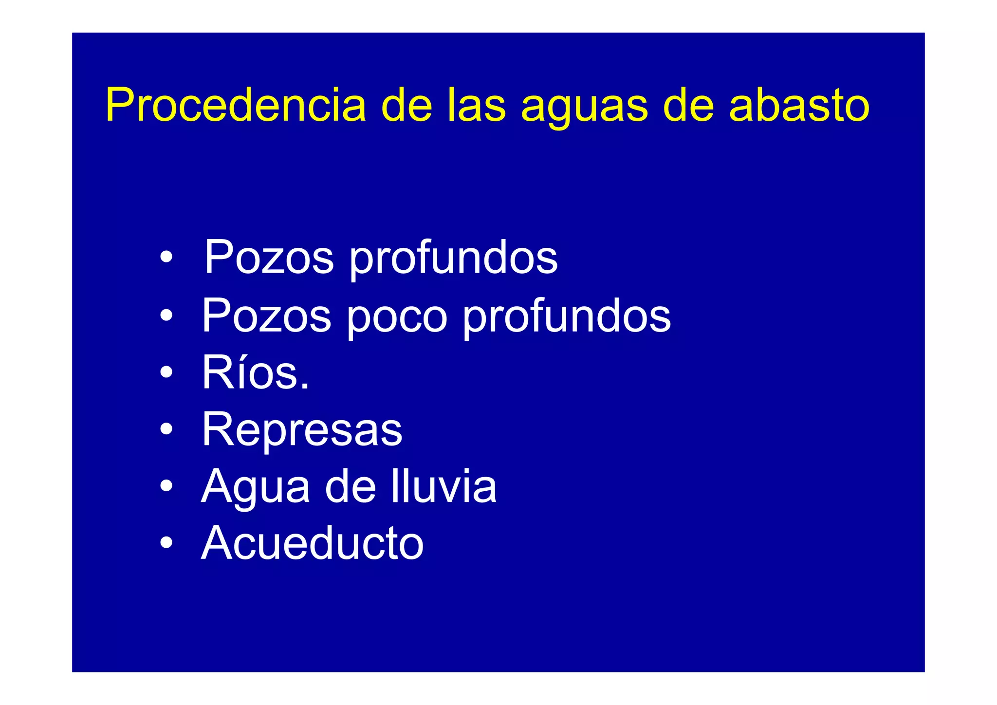 Procedencia de las aguas de abasto


  •   Pozos profundos
  •   Pozos poco profundos
  •   Ríos.
  •   Represas
  •   Agua de lluvia
  •   Acueducto
 