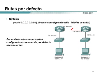 Rutas por defecto Sintaxis ip route 0.0.0.0 0.0.0.0  [  dirección-del-siguiente-salto  |  interfaz de salida ]  Generalmente los routers están configurados con una ruta por defecto hacia Internet. 