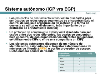 Sistema autónomo (IGP vrs EGP) Los  protocolos de enrutamiento interior  están diseñados para ser usados en redes cuyos segmentos se encuentran bajo el control de una sola organización (la métrica y la forma en que esta se utiliza es el elemento más importante de un protocolo de enrutamiento interior) Un  protocolo de enrutamiento exterior  está diseñado para ser usado entre dos redes diferentes, las cuales se encuentran bajo el control de dos organizaciones diferentes (en general, se utilizan entre ISPs o entre una compañía y un ISP) Los sistemas autónomos disponen de un número de identificación, asignado por el Registro estadounidense de números de Internet ( ARIN ) o por un proveedor de acceso. Dicho número consta de 16 bits 