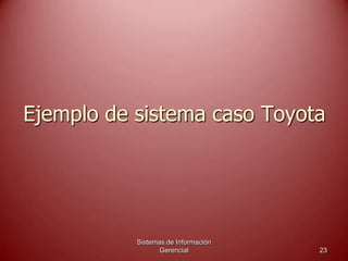 Ejemplo de sistema caso Toyota
Sistemas de Información
Gerencial 23
 
