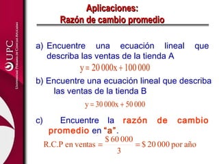 a) Encuentre una ecuación lineal que
describa las ventas de la tienda A
b) Encuentre una ecuación lineal que describa
las ventas de la tienda B
c) Encuentre la razón de cambio
promedio en “a”.
000100000x20y +=
00050000x30y +=
añopor00020$
3
00060$
en ventasR.C.P ==
Aplicaciones:Aplicaciones:
Razón de cambio promedioRazón de cambio promedio
 
