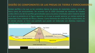 DISEÑO DE COMPONENTES DE LAS PRESAS DE TIERRA Y ENROCAMIENTO
Existen perfiles a los que se les considera típicos de presas de materiales sueltos, tanto de
tierra como de enrocamiento. De acuerdo con la USSD (Sociedad de represas de Estados
unidos 2011) uno de los perfiles generalizados para una presa cimentada sobre material aluvial
es el que se presenta en la figura siguiente, en la que se puede apreciar un núcleo central de
materiales finos rodeado de filtros y drenes. Como elemento de corte del flujo subterráneo, en
el estrato aluvial, se tiene una pantalla que puede ser elaborada con distintos materiales
considerados impermeables.
 