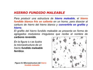 HIERRO FUNDIDO MALEABLE 
Para producir una estructura de hierro maleable, el hierro 
fundido blanco frío se calienta en un horno, para disociar al 
carburo de hierro del hierro blanco y convertirlo en grafito y 
hierro. 
El grafito del hierro fundido maleable se presenta en forma de 
agregados modulares irregulares que recibe el nombre de 
carbono revenido. 
En la figura 9.4 se ilustra 
la microestructura de un 
hierro fundido maleable 
ferrítico. 
Figura 9.4 Microestructura del hierro 
fundido maleable 
 