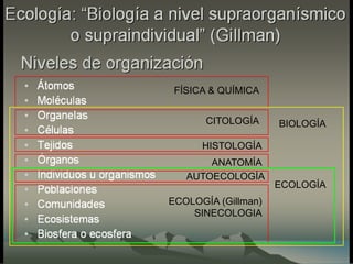 FÍSICA & QUÍMICA
BIOLOGÍA
CITOLOGÍA
HISTOLOGÍA
ANATOMÍA
ECOLOGÍA (Gillman)
SINECOLOGIA
AUTOECOLOGÍA
ECOLOGÍA
 