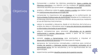 Objetivos
Comprender y analizar los distintos paradigmas, tipos y estilos de
liderazgo educativo y su relación con los modelos de gestión escolar,
valorando aquellos que promueven un liderazgo horizontal;
analizar y reﬂexionar sobre la visión, misión y rumbo que deben tomar
las instituciones educativas en el siglo XXI;
comprender la importancia del rol directivo en la conformación de
Comunidades Profesionales de Aprendizaje basadas en la colaboración,
el liderazgo distribuido y la continua reﬂexión de las prácticas mediante
el uso de distintos instrumentos;
valorar la necesidad y relevancia, desde el rol directivo, de la lectura y
análisis de datos e indicadores para la toma de decisiones estratégicas
e informadas orientadas al aprendizaje;
adquirir competencias para reconocer diﬁcultades en la gestión
institucional y pensar alternativas viables a partir de los nuevos
modelos de liderazgo;
conocer modos y herramientas para acompañar e impulsar el
desarrollo profesional docente como clave para la mejora;
apropiarse de herramientas conceptuales y prácticas para construir
modos de gestión y liderazgo escolar innovadores centrados en el
aprendizaje activo de los estudiantes y en la signiﬁcatividad de sus
aprendizajes;
experimentar posibles desafíos propios de la gestión escolar.
 
