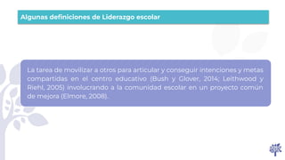 Algunas deﬁniciones de Liderazgo escolar
La tarea de movilizar a otros para articular y conseguir intenciones y metas
compartidas en el centro educativo (Bush y Glover, 2014; Leithwood y
Riehl, 2005) involucrando a la comunidad escolar en un proyecto común
de mejora (Elmore, 2008).
 