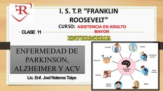 Lic. Enf. JoelNaterosTaipe
I. S. T.P. “FRANKLIN
ROOSEVELT”
CURSO:
CLASE 11
ENFERMEDAD DE
PARKINSON,
ALZHEIMER Y ACV
ASISTENCIA EN ADULTO
MAYOR
 