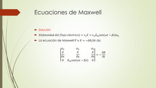 Ecuaciones de Maxwell
 Solución
 𝐷(𝑑𝑒𝑛𝑠𝑖𝑑𝑎𝑑 𝑑𝑒𝑙 𝑓𝑙𝑢𝑗𝑜 𝑒𝑙𝑒𝑐𝑡𝑟𝑖𝑐𝑜) = 𝜖 𝑜 𝐸 = 𝜖 𝑜 𝐸 𝑚 𝑠𝑒𝑛 𝜔𝑡 − 𝛽𝑧 𝑎 𝑦
 La ecuación de Maxwell 𝛻 × 𝐸 = −𝜕𝐵/𝜕𝑡 da
𝑎 𝑥 𝑎 𝑦 𝑎 𝑧
𝜕
𝜕𝑥
𝜕
𝜕𝑦
𝜕
𝜕𝑧
0 𝐸 𝑚 𝑠𝑒𝑛 𝜔𝑡 − 𝛽𝑧 0
= −
𝜕𝐵
𝜕𝑡
 