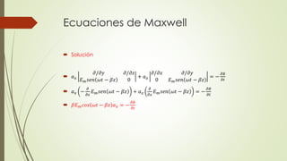 Ecuaciones de Maxwell
 Solución
 𝑎 𝑥
𝜕/𝜕𝑦 𝜕/𝜕𝑧
𝐸 𝑚 𝑠𝑒𝑛 𝜔𝑡 − 𝛽𝑧 0
+ 𝑎 𝑧
𝜕/𝜕𝑥 𝜕/𝜕𝑦
0 𝐸 𝑚 𝑠𝑒𝑛 𝜔𝑡 − 𝛽𝑧
= −
𝜕𝐵
𝜕𝑡
 𝑎 𝑥 −
𝜕
𝜕𝑧
𝐸 𝑚 𝑠𝑒𝑛 𝜔𝑡 − 𝛽𝑧 + 𝑎 𝑧
𝜕
𝜕𝑥
𝐸 𝑚 𝑠𝑒𝑛 𝜔𝑡 − 𝛽𝑧 = −
𝜕𝐵
𝜕𝑡
 𝛽𝐸 𝑚 𝑐𝑜𝑠 𝜔𝑡 − 𝛽𝑧 𝑎 𝑥 = −
𝜕𝐵
𝜕𝑡
 