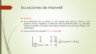 Ecuaciones de Maxwell
 Solución
 En la dirección de su normal, 𝑎 𝑧. Se supone que tanto 𝛽, como 𝜔, son
positivos. Para 𝛽 negativo, la dirección del movimiento seria −𝑎 𝑧). De esta
manera el patrón completo de la figura anterior se mueve por el eje 𝑧 con
velocidad 𝑐.
 La ecuación de maxwell 𝛻 × 𝐻 = 𝜕𝐷/𝜕𝑡 da
𝑎 𝑥 𝑎 𝑦 𝑎 𝑧
𝜕
𝜕𝑥
𝜕
𝜕𝑦
𝜕
𝜕𝑧
−𝛽𝐸 𝑚
𝜔𝜇 𝑜
𝑠𝑒𝑛 𝜔𝑡 − 𝛽𝑧 0 0
=
𝜕
𝜕𝑡
𝜖 𝑜 𝐸 𝑚 𝑠𝑒𝑛 𝜔𝑡 − 𝛽𝑧 𝑎 𝑦
 