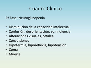 Cuadro Clínico
2ª Fase: Neuroglucopenia
• Disminución de la capacidad intelectual
• Confusión, desorientación, somnolencia
• Alteraciones visuales, cefalea
• Convulsiones
• Hipotermia, hiporeflexia, hipotensión
• Coma
• Muerte
 