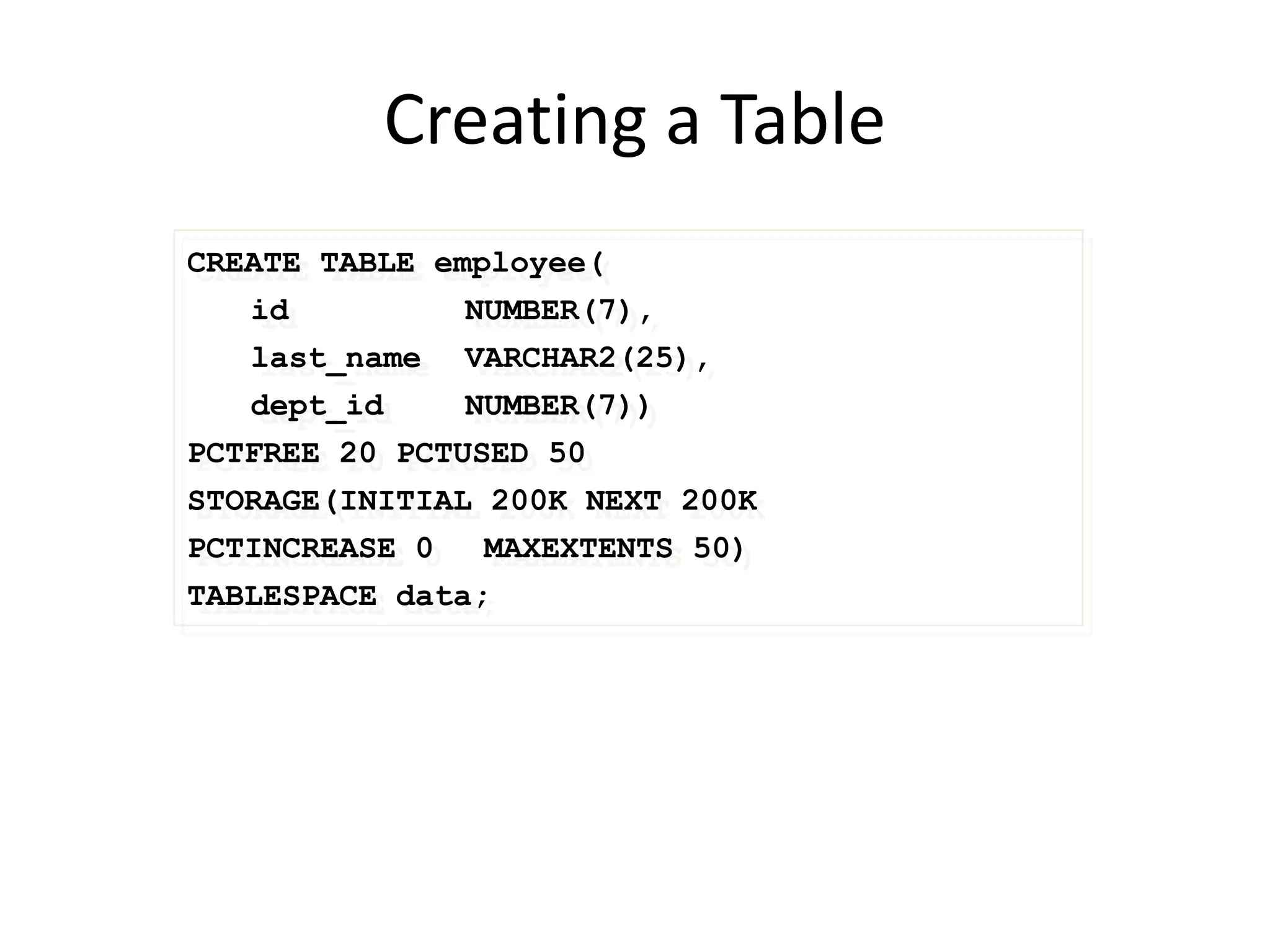 Creating a Table
CREATE TABLE employee(
id NUMBER(7),
last_name VARCHAR2(25),
dept_id NUMBER(7))
PCTFREE 20 PCTUSED 50
STORAGE(INITIAL 200K NEXT 200K
PCTINCREASE 0 MAXEXTENTS 50)
TABLESPACE data;
 