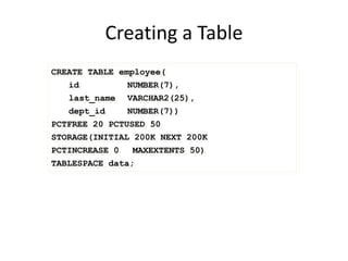 Creating a Table
CREATE TABLE employee(
id NUMBER(7),
last_name VARCHAR2(25),
dept_id NUMBER(7))
PCTFREE 20 PCTUSED 50
STORAGE(INITIAL 200K NEXT 200K
PCTINCREASE 0 MAXEXTENTS 50)
TABLESPACE data;
 