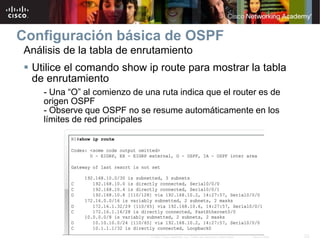 23© 2007 Cisco Systems, Inc. Todos los derechos reservados. Cisco Public
Configuración básica de OSPF
Análisis de la tabla de enrutamiento
 Utilice el comando show ip route para mostrar la tabla
de enrutamiento
- Una “O” al comienzo de una ruta indica que el router es de
origen OSPF
- Observe que OSPF no se resume automáticamente en los
límites de red principales
 
