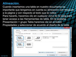 Alineación.
Cuando insertamos una tabla en nuestro documento es
importante que tengamos en cuenta su alineación con respecto
a la página y con respecto al texto que la rodea.
Para hacerlo, hacemos clic en cualquier zona de la tabla para
tener acceso a las Herramientas de tabla. En la pestaña
Presentación > grupo Tabla haremos clic en el botón
Propiedades y seleccionar de acuerdo al diseño de la tabla
 