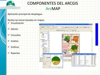 COMPONENTES DEL ARCGIS 
ArcMAP 
Aplicación principal de despliegue. 
Realiza las tareas basadas en mapas: 
 Visualización 
 Edición 
 Consultas 
 Análisis 
 Gráficos 
 Reportes 
 