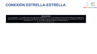 CONEXIÓN ESTRELLA-ESTRELLA
Estrella-Estrella
En una conexión U -U, el voltaje primario de cada fase se expresa por VFP=VLP /3. El voltaje de la primera fase se enlaza con el voltaje de la
segunda fase por la relación de espiras del transformador. El voltaje de fase secundario se relaciona, entonces, con el voltaje de la línea en el
secundario por VLS =3 * VFS. Por tanto, la relación de voltaje en el transformador es
VLP / VLS = (3 * VFP) / (3 * VFS) =
 