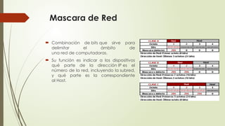 Mascara de Red
 Combinación de bits que sirve para
delimitar el ámbito de
una red de computadoras.
 Su función es indicar a los dispositivos
qué parte de la dirección IP es el
número de la red, incluyendo la subred,
y qué parte es la correspondiente
al Host.
 