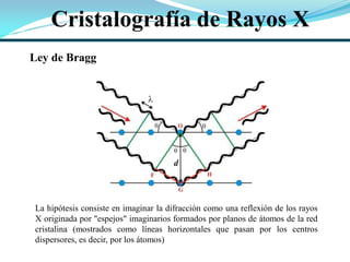 Cristalografía de Rayos X
La hipótesis consiste en imaginar la difracción como una reflexión de los rayos
X originada por "espejos" imaginarios formados por planos de átomos de la red
cristalina (mostrados como líneas horizontales que pasan por los centros
dispersores, es decir, por los átomos)
Ley de Bragg
 