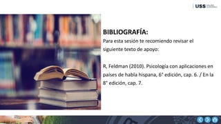 BIBLIOGRAFÍA:
Para esta sesión te recomiendo revisar el
siguiente texto de apoyo:
R, Feldman (2010). Psicología con aplicaciones en
países de habla hispana, 6° edición, cap. 6. / En la
8° edición, cap. 7.
 