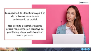 La capacidad de identificar a qué tipo
de problema nos estamos
enfrentando es crucial.
Nos permite desarrollar nuestra
propia representación cognitiva del
problema y ubicarlo dentro de un
marco personal.
 