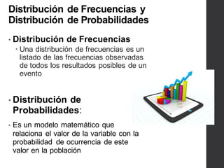 Distribución de Frecuencias y
Distribución de Probabilidades
• Distribución de Frecuencias
– Una distribución de frecuencias es un
listado de las frecuencias observadas
de todos los resultados posibles de un
evento
• Distribución de
Probabilidades:
• Es un modelo matemático que
relaciona el valor de la variable con la
probabilidad de ocurrencia de este
valor en la población
 
