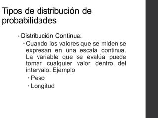 Tipos de distribución de
probabilidades
• Distribución Continua:
–Cuando los valores que se miden se
expresan en una escala continua.
La variable que se evalúa puede
tomar cualquier valor dentro del
intervalo. Ejemplo
– Peso
– Longitud
 