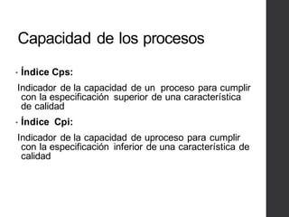 Capacidad de los procesos
• Índice Cps:
Indicador de la capacidad de un proceso para cumplir
con la especificación superior de una característica
de calidad
• Índice Cpi:
Indicador de la capacidad de uproceso para cumplir
con la especificación inferior de una característica de
calidad
 