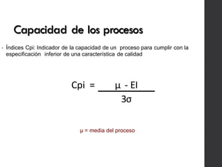 Capacidad de los procesos
• Índices Cpi: Indicador de la capacidad de un proceso para cumplir con la
especificación inferior de una característica de calidad
µ = media del proceso
Cpi		=	 µ		-	EI
3σ
 