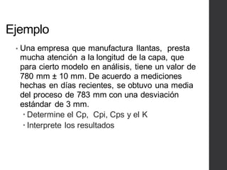 Ejemplo
• Una empresa que manufactura llantas, presta
mucha atención a la longitud de la capa, que
para cierto modelo en análisis, tiene un valor de
780 mm ± 10 mm. De acuerdo a mediciones
hechas en días recientes, se obtuvo una media
del proceso de 783 mm con una desviación
estándar de 3 mm.
– Determine el Cp, Cpi, Cps y el K
– Interprete los resultados
 