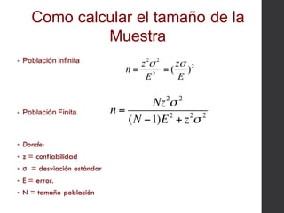 • Población infinita
• Población Finita.
• Donde:
• z = confiabilidad
• σ = desviación estándar
• E = error.
• N = tamaño población
2
2
22
)(
E
z
E
z
n
σσ
==
Como calcular el tamaño de la
Muestra
n =
Nz2
σ 2
(N −1)E2
+ z2
σ 2
 