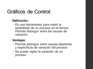 Gráficos de Control:
• Definición:
– Es una herramienta para medir la
estabilidad de un proceso en el tiempo.
Permite distinguir entre las causas de
variación.
• Ventajas:
– Permite distinguir entre causas aleatorias
y específicas de variación del proceso
– Se puede vigilar la variación de un
proceso
 