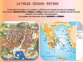 LA POLIS: CIUDAD- ESTADO
Así llamaban los griegos a sus ciudades. La POLIS era el conjunto de todos los ciudadanos.
Era el centro administrativo, religioso y militar. Algunas tenían una ciudadela elevada llamada
acrópolis con los edificios más importantes.
Las ciudades más destacadas fueron ESPARTA y ATENAS.
 