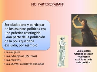 NO PARTICIPABAN:
Ser ciudadano y participar
en los asuntos políticos era
una práctica restringida.
Gran parte de la población
de la polis quedaba
excluida, por ejemplo:
• Las mujeres
• Los extranjeros (Metecos)
• Los esclavos
• Los libertos o esclavos liberados
Las Mujeres
Griegas estaban
totalmente
excluidas de la
vida política.
 