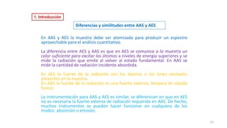 En AAS y AES la muestra debe ser atomizada para producir un espectro
aprovechable para el análisis cuantitativo.
La diferencia entre AES y AAS es que en AES se comunica a la muestra un
calor suficiente para excitar los átomos a niveles de energía superiores y se
mide la radiación que emite al volver al estado fundamental. En AAS se
mide la cantidad de radiación incidente absorbida.
En AES la fuente de la radiación son los átomos o los iones excitados
presentes en la muestra.
En AAS la fuente de la radiación es una fuente externa, lámpara de cátodo
hueco.
La instrumentación para AAS y AES es similar, se diferencian en que en AES
no es necesaria la fuente externa de radiación requerida en AAS. De hecho,
muchos instrumentos se pueden hacer funcionar en cualquiera de los
modos: absorción o emisión.
Diferencias y similitudes entre AAS y AES
37
1. Introducción
 