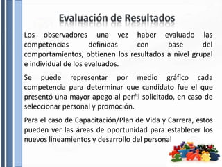 Los observadores
competencias definidas
una vez haber
con
evaluado las
base del
comportamientos, obtienen los resultados a nivel grupal
e individual de los evaluados.
Se puede representar por medio gráfico cada
competencia para determinar que candidato fue el que
presentó una mayor apego al perfil solicitado, en caso de
seleccionar personal y promoción.
Para el caso de Capacitación/Plan de Vida y Carrera, estos
pueden ver las áreas de oportunidad para establecer los
nuevos lineamientos y desarrollo del personal
 