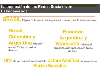 La explosión de las Redes Sociales en
Latinoamérica
BRASIL El pais de America Latina que mas crece en uso de redes sociales.
Ecuador,
Argentina y
Venezuela lideran el
crecimiento de Facebook en Latino
América.
Brasil,
Colombia y
Argentina lideran el
uso de Twitter en Latino
América.
70% de los usuarios de internet de Latino América tienen perfiles en
Redes Sociales.
 