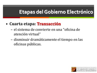 Etapas del Gobierno Electrónico
• Cuarta	etapa:	Transacción
– el	sistema	de	convierte	en	una	“oficina	de	
atención	virtual”	
– disminuir	dramáticamente	el	tiempo	en	las	
oficinas	públicas.
 