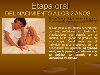 Etapa oral
DEL NACIMIENTO A LOS 2 AÑOS
El conflicto principal en esta etapa es
el proceso de destete:
El niño pasa a ser menos dependiente
de sus cuidadores y pierde las
gratificaciones que obtenía con la
succión. Si la fijación se produce en
esta etapa, Freud creía que el
individuo tendría problemas con la
dependencia o la agresión. La fijación
oral puede generar problemas con
la bebida, la comida o la
necesidad de fumar.
 