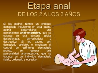 Etapa anal
DE LOS 2 A LOS 3 AÑOS
Si los padres toman un enfoque
demasiado indulgente en esta etapa,
podría desarrollarse una
personalidad anal-expulsiva, que se
traduce en una persona adulta
desordenada, derrochadora y
destructiva. Si los padres son
demasiado estrictos o empiezan el
control de esfínteres demasiado
pronto, se genera una
personalidad anal-retentiva, que se
traduce en un individuo demasiado
rígido, ordenado y obsesivo.
 