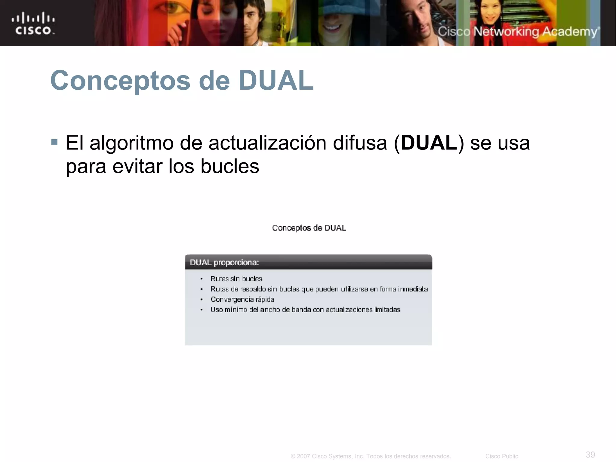 39© 2007 Cisco Systems, Inc. Todos los derechos reservados. Cisco Public
Conceptos de DUAL
 El algoritmo de actualización difusa (DUAL) se usa
para evitar los bucles
 