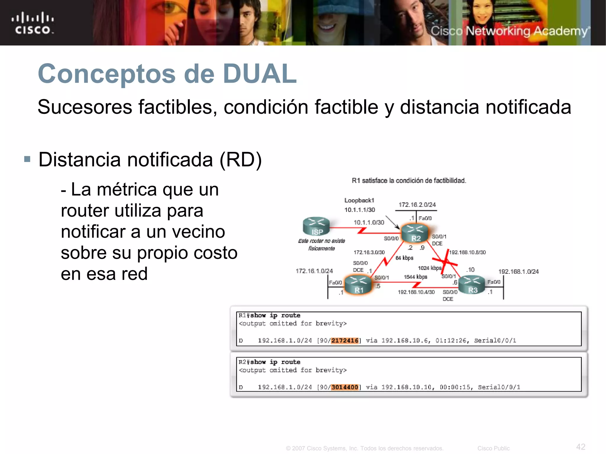42© 2007 Cisco Systems, Inc. Todos los derechos reservados. Cisco Public
Conceptos de DUAL
 Distancia notificada (RD)
- La métrica que un
router utiliza para
notificar a un vecino
sobre su propio costo
en esa red
Sucesores factibles, condición factible y distancia notificada
 
