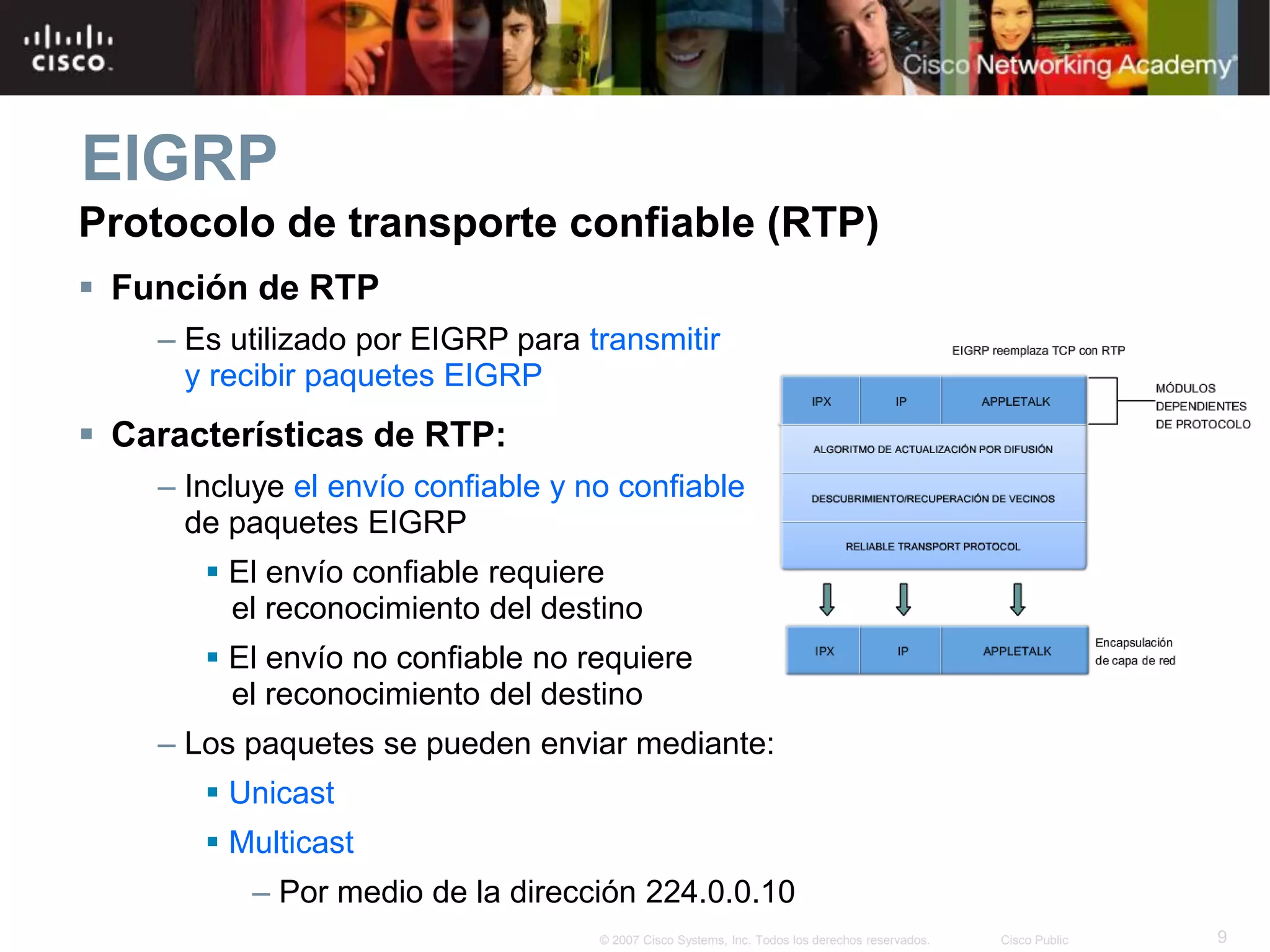 9© 2007 Cisco Systems, Inc. Todos los derechos reservados. Cisco Public
EIGRP
Protocolo de transporte confiable (RTP)
 Función de RTP
– Es utilizado por EIGRP para transmitir
y recibir paquetes EIGRP
 Características de RTP:
– Incluye el envío confiable y no confiable
de paquetes EIGRP
 El envío confiable requiere
el reconocimiento del destino
 El envío no confiable no requiere
el reconocimiento del destino
– Los paquetes se pueden enviar mediante:
 Unicast
 Multicast
– Por medio de la dirección 224.0.0.10
 