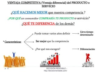6
¿QUÉ HACEMOS MEJOR que nuestra competencia ?
¿POR QUÉ un consumidor COMPRARÍA TU PRODUCTO o servicio?
¿QUÉ TE DIFERENCIA de los demás?
* Características:
Puede tomar varios años definir
Ser mejor que la competencia
¿Por qué nos escogen?
Lleva tiempo
determinarlo
Diferenciación
VENTAJA COMPETITIVA (Ventaja diferencial) del PRODUCTO o
SERVICIO
DECISIÓN RENTABLE -
http://decisionrentable.com/
 