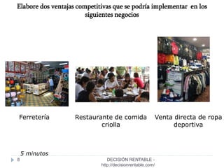DECISIÓN RENTABLE -
http://decisionrentable.com/
8
Elabore dos ventajas competitivas que se podría implementar en los
siguientes negocios
Ferretería Restaurante de comida
criolla
Venta directa de ropa
deportiva
5 minutos
 