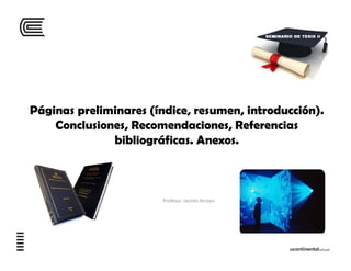 Páginas preliminares (índice, resumen, introducción).
Conclusiones, Recomendaciones, Referencias
bibliográficas. Anexos.
P...